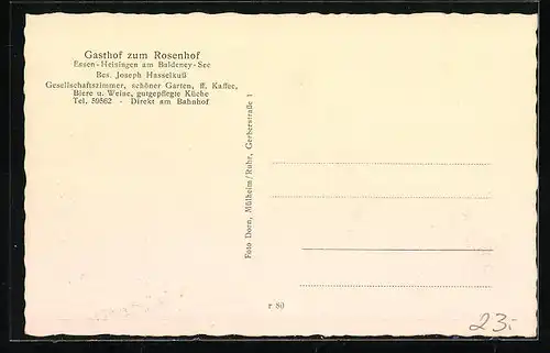 AK Essen-Heisingen a. B., Gasthof zum Rosenhof von Joseph Hasselkuss mit Strassenpartie