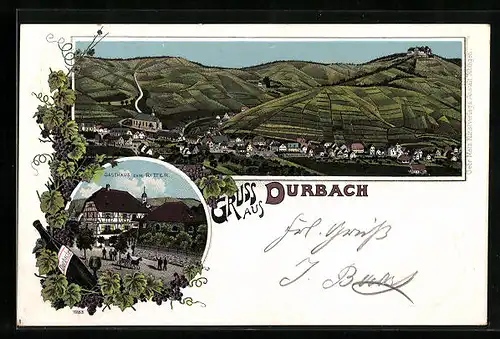 Lithographie Durbach, Gasthaus zum Ritter, Ortsansicht