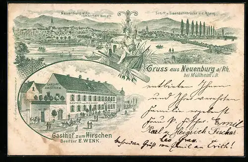 Lithographie Neuenburg a. Rh. bei Müllheim, Gesamtansicht mit Eisenbahnbrücke, Gasthof zum Hirschen mit Strasse