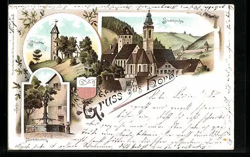 Lithographie Horb bei Freudenstadt, Teilansicht, Stadtkirche, Schütte, Marktbrunnen