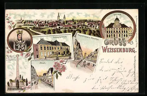 Lithographie Weissenburg, Schloss Geisberg, Hauptstrasse und Mitteltor, Rathaus