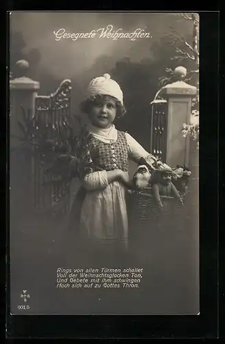 AK Weihnachtsgruss, Mädchen mit Steiffpuppen im Korb