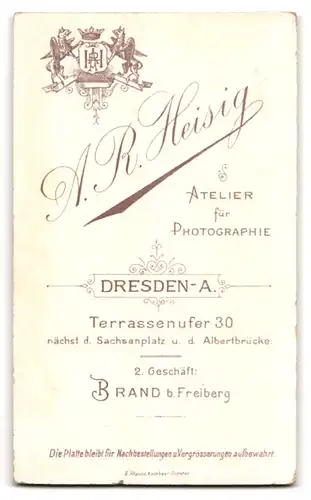 Fotografie A. R. Heisig, Dresden-A., Terrassenufer 30, Junge Dame im zeitgenössischen Kleid