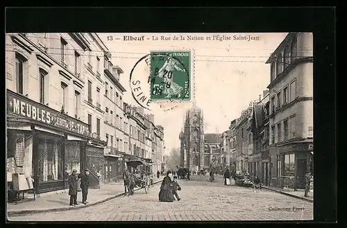 AK Elbeuf, La Rue de la Nation et l`Église Saint-Jean