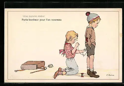 Künstler-AK sign. F. Philipp: Mädchen näht die Hose ihres Freundes