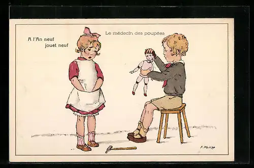 Künstler-AK sign. F. Philipp: Junge repariert die Puppe seiner Freundin