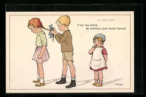 Künstler-AK sign. F. Philipp: Knabe flicht seiner Freundin einen Zopf