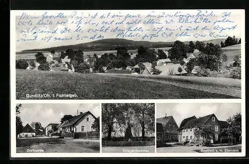 AK Gundlitz /Fichtelgeb., Gasthof v. H. Steinlein, Dorfpartie, Kriegerdenkmal, Ortsansicht aus der Vogelschau