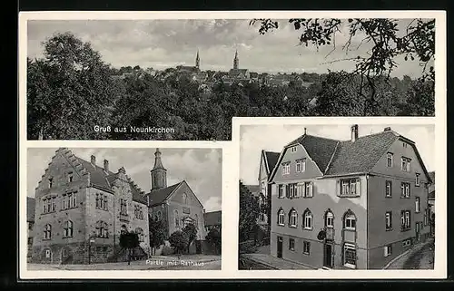 AK Neunkirchen, Gasthaus u. Pension z. Adler, Bes. Stähle, Rathaus, Ortsansicht aus der Vogelschau