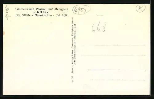 AK Neunkirchen, Gasthaus u. Pension z. Adler, Bes. Stähle, Rathaus, Ortsansicht aus der Vogelschau