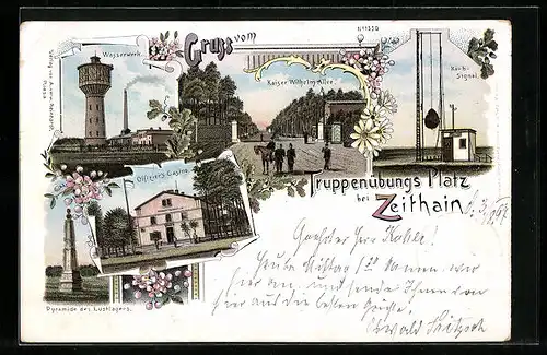 Lithographie Zeithain, Kaiser Wilhelm Allee, Offizierscasino, Wasserwerk