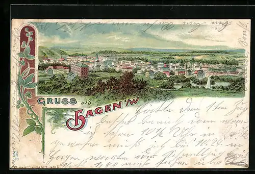 Lithographie Hagen /W., Ortsansicht aus der Vogelschau