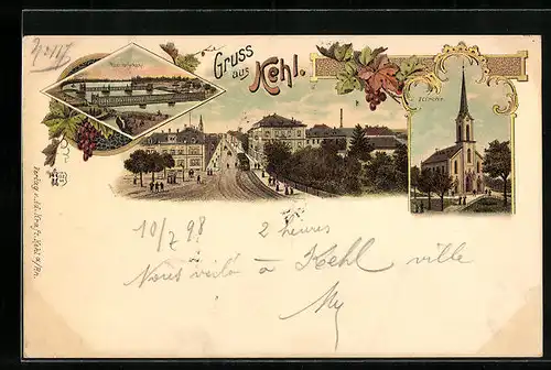 Lithographie Kehl, Rheinbrücke, Kirche, Strassenpartie