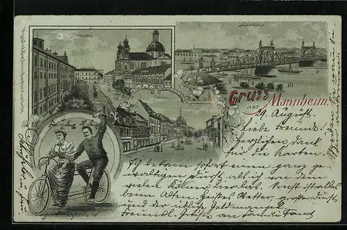Lithographie Mannheim, Schillerplatz, Neckarbrücke, Planken