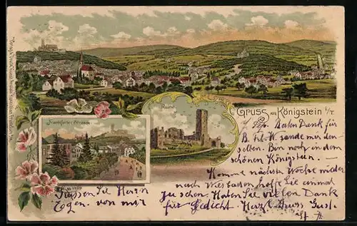 Lithographie Königstein i. T., Frankfurter Strasse, Ruine, Panoramablick auf den Ort