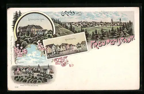 Lithographie Freudenstadt, Schwarzwald-Hotel, Marktplatz, Postamt u. Ev. Kirche, Totalansicht