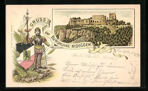 Lithographie Nideggen, Burgruine Nideggen, Ritter mit Wappen