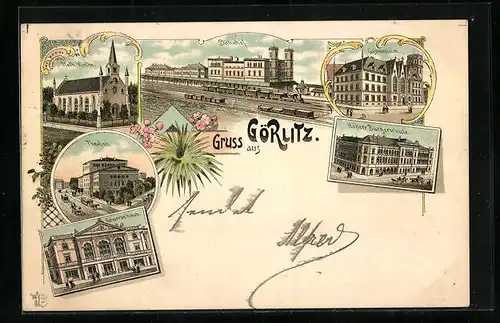 Lithographie Görlitz, Bahnhof, Kath. Kirche, Theater, Gewerbehaus, Gymnasium, Höhere Bürgerschule