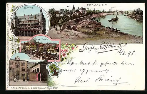 Lithographie Offenbach a. M., Totalansicht mit Main, Marktplatz, Kaserne, Wappen