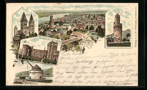Lithographie Andernach, Dom, Runder Turm, Alter Krahnen und Ortsansicht
