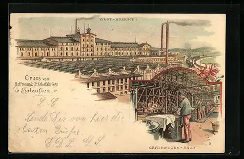 Lithographie Salzuflen, Hoffmann`s Stärkefabriken, West-Ansicht, Centrifugen-Raum mit Fabrikarbeiter