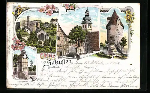 Lithographie Salzuflen, Schliepsteiner Turm, Kurpark, Ref. Kirche, Katzenturm