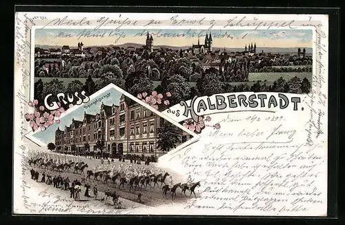 Lithographie Halberstadt, Spiegelstrasse mit Bismark Kürassiere, Ortsansicht aus der Vogelschau