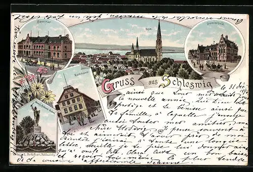 Lithographie Schleswig, Teilansicht mit Dom, Domschule, Seminar