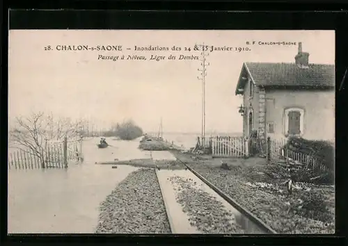 AK Chalon-s-Saone, Inondations des 24 & 25 Janvier 1910, Passage à Niveau, Ligne des Dombes