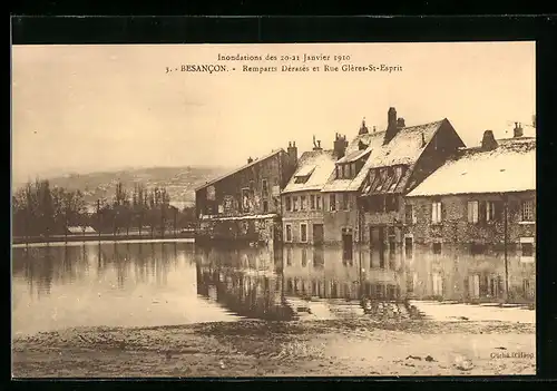 AK Besancon, Inondations des 20-21 Janvier 1910, Remparts Dérasés et Rue Glères-St-Esprit