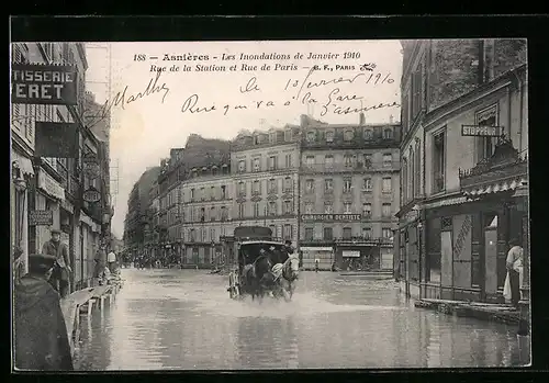 AK Asnières, Les Inondations de Janvier 1910, Rue de la Station et Rue de Paris