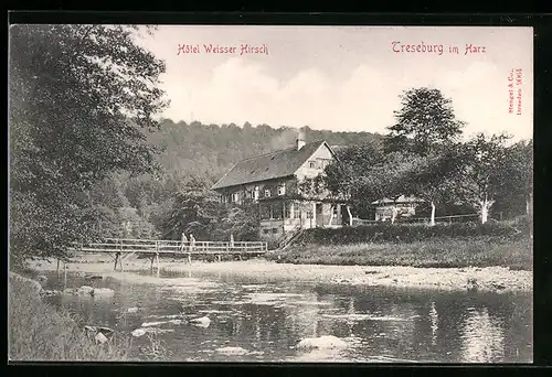 AK Treseburg /Harz, Hotel Weisser Hirsch mit Brücke, vom Wasser gesehen