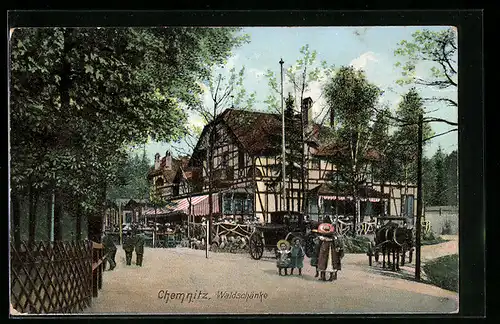 AK Chemnitz, Gasthaus Waldschänke mit Strasse und Gästen