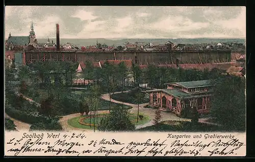 AK Werl bei Arnsberg, Kurgarten und Gradierwerke aus der Vogelschau