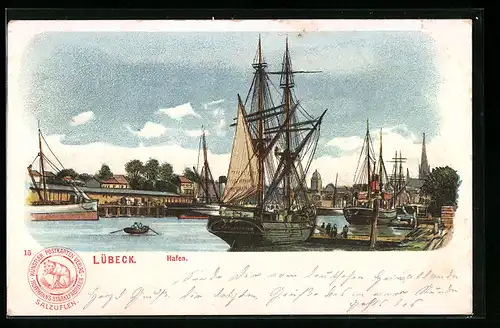 Lithographie Lübeck, Hafen mit Segelschiff
