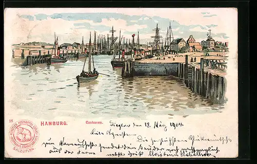 Lithographie Cuxhaven, Schiffe im Hafen