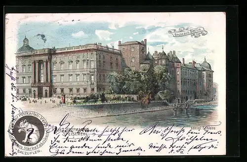 Lithographie Berlin, Königliches Schloss, Reklame für Hoffmann`s Speisemehl