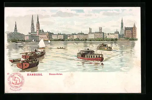 Lithographie Hamburg, Flusspartie mit Booten und Blick auf die Stadt