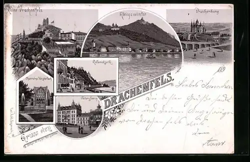 Lithographie Königswinter, Drachenfels, Drachenburg, Rolandseck