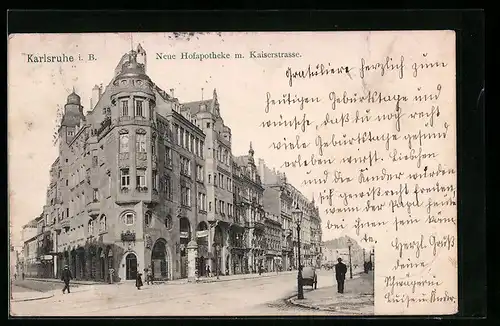 AK Karlsruhe i. B., Neue Hofapotheke mit Kaiserstrasse