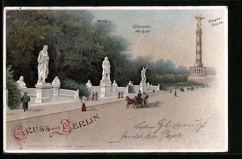 Lithographie Berlin-Tiergarten, Denkmäler Otto I., Albrecht der Bär und Blick auf die Siegessäule
