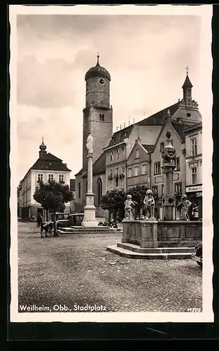 AK Weilheim, Denkmal & Brunnen am Stadtplatz