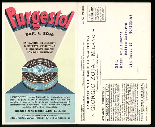Klapp-AK Reklame für Purgestol, Giorgio Zoja-Milano, Landkarte der Region um die italienische Stadt Tolmezzo