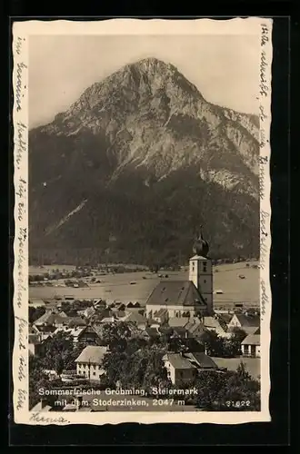 AK Gröbming, Teilansicht mit dem Stoderzinken, Kirche mit Zwiebelturm