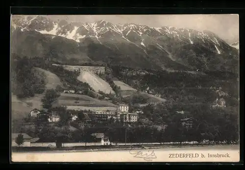 AK Zederfeld b. Innsbruck, Ortsansicht mit Bergpanorama