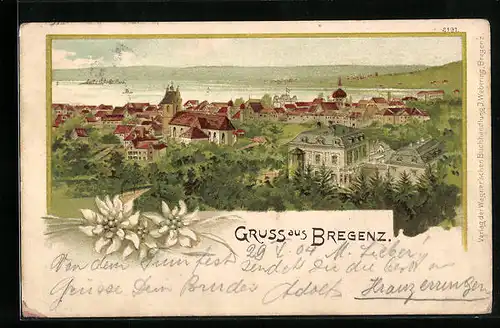 Lithographie Bregenz, Totalansicht aus der Vogelschau