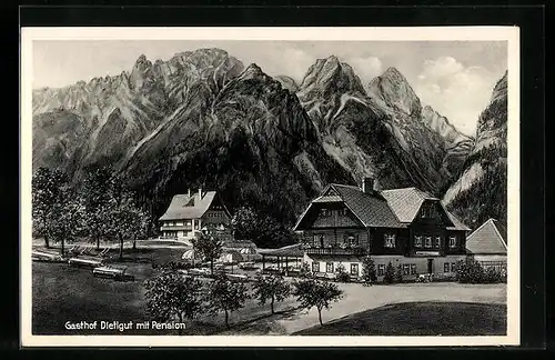 AK Hinterstoder, Gasthof Dietlgut mit Strasse und Bergpanorama
