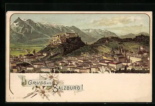 Lithographie Salzburg, Panorama mit Stadt und Gebirge