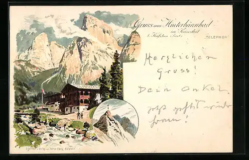 Lithographie Kufstein, Unterkunftshütte Hinterbärenbad im Kaiserthal, Gipfelkreuz