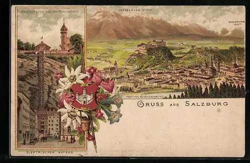 Lithographie Salzburg, Restaurant auf dem Mönchsberg und Aufzug, Panorama mit Untersberg